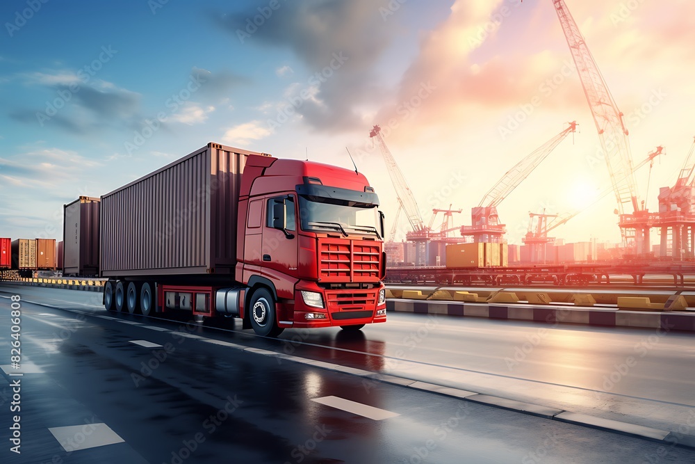 Truck with container on the road at sunset. Transportation and logistics concept. Truck with container on the road at sunset. Transportation and logistics concept.