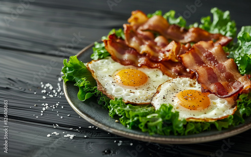 Fried chicken eggs and bacon beautifully presented. Perfect for promoting wholesome  healthy eating with essential vitamins and minerals.