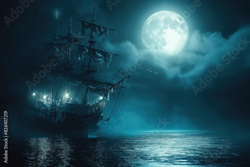 Mystical Ghost Ship Sailing Under a Full Moon, Shrouded in Mist on a Dark Ocean