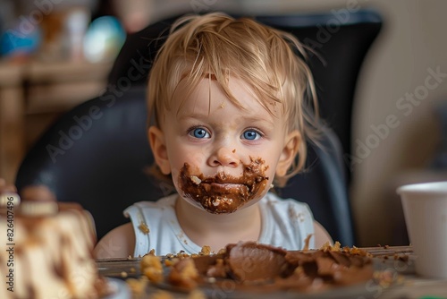 Child with striking blue eyes happily making a mess while eating a chocolatey treat in a high chair