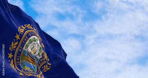 Close-up of New Hampshire state flag waving in the wind