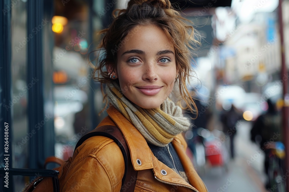 Fototapeta premium Young happy woman in a mustard yellow jacket posing confidently by the storefront in a dynamic city setting