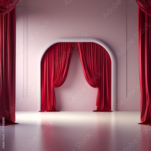 Abstract minimal concept. Luxury red opening curtain drapes empty wall stage. Mock up template for product presentation. copy text space