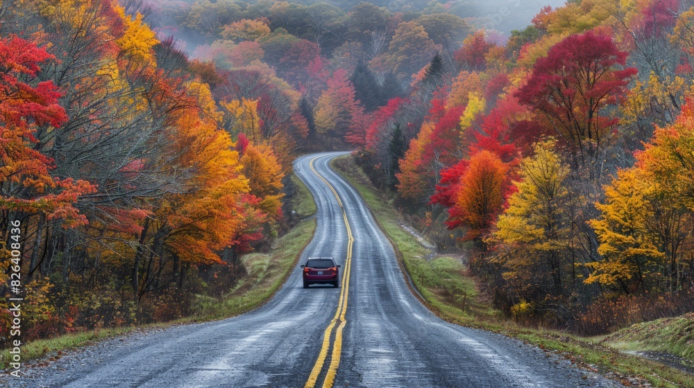 Naklejka premium Autumn Road Trip: Capture a scenic autumn road trip with a car driving through colorful foliage, stopping at picturesque viewpoints, emphasizing adventure and exploration. 