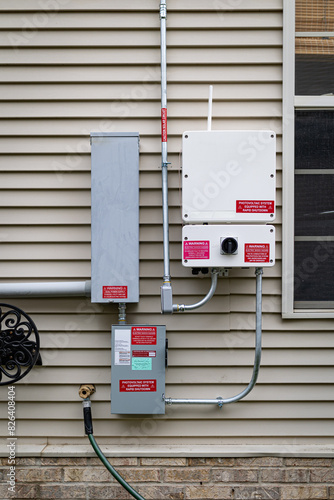 External installation of a solar system inverter with connections to a quick disconnect box and the electrical system of a single-family home.