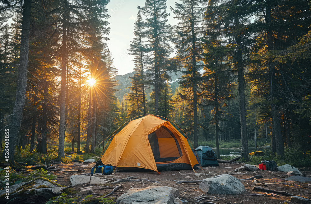 A bright orange tent set up in a forest clearing during sunrise.