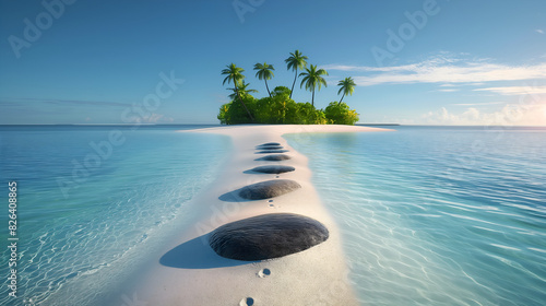 A path of smooth black stones and white sand to an tropical island