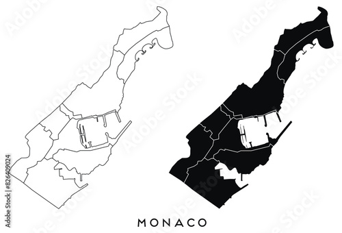 Monaco map of city regions districts vector black on white background