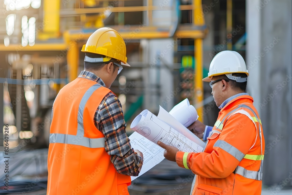 Engineers Collaborating on Construction Project Plans at Worksite Engineers Collaborating on Construction Project Plans at Worksite