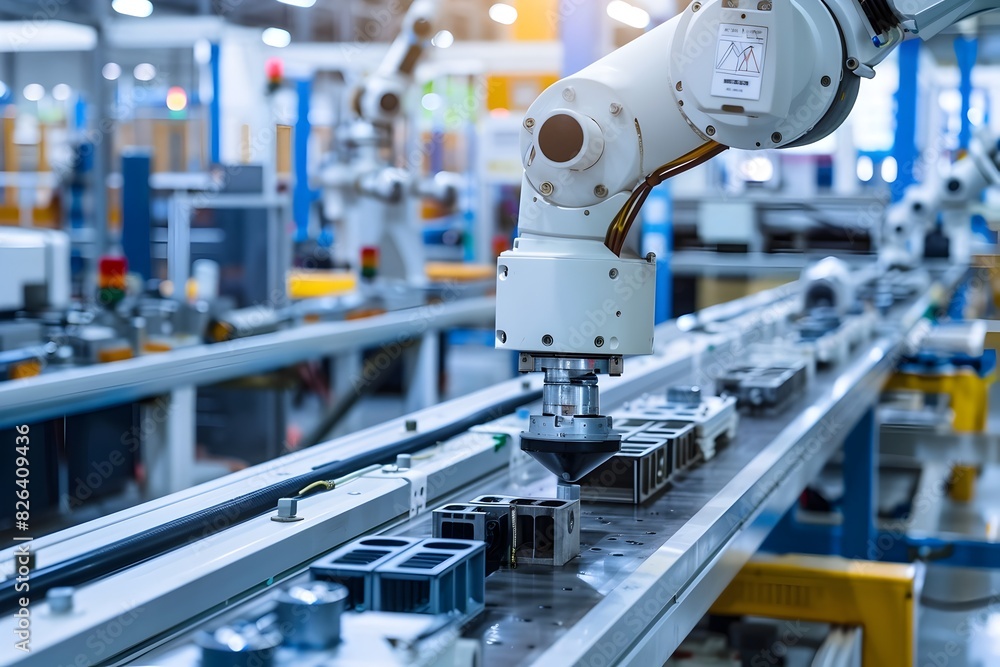 Sleek Robotic Arm Assembling Components in Futuristic Factory Setting Sleek Robotic Arm Assembling Components in Futuristic Factory Setting