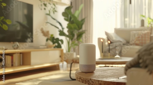 Focus on a smart speaker responding to voice commands in a cozy living room, capturing seamless interaction, digital tone, Analogous Color Scheme photo