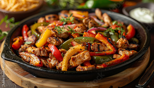 Close-up of a sizzling chicken fajita skillet with colorful bell peppers, onions, and seasoned chicken, served on a wooden trivet, capturing the essence of national fajita day