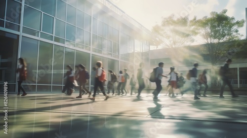 blurred students walking in schoolyard, time lapse shot photo