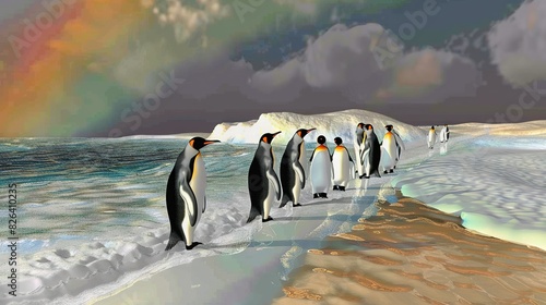   A group of penguins walking on a beach under a colorful sky with an ocean and rainbow in the backdrop