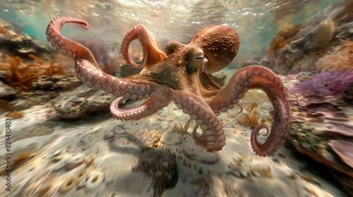   A photo captures an octopus in close detail surrounded by coral and aquatic creatures photo