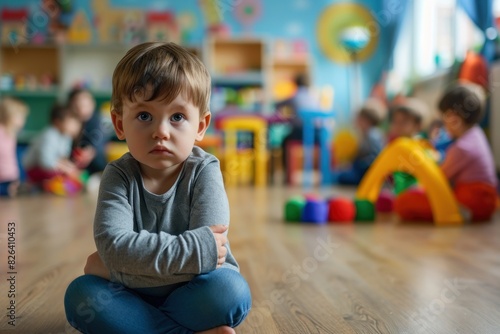 A sad, offended toddler boy sits alone in a kindergarten or at a children's party. Depression in children. Introvert mindset of kids. Social skills in a team