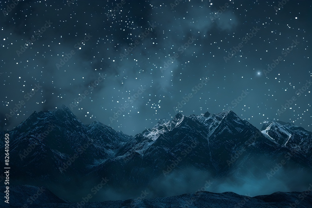 Naklejka premium Mesmerizing Starry Night Sky Overlooking Towering Snow Capped Mountain Peaks