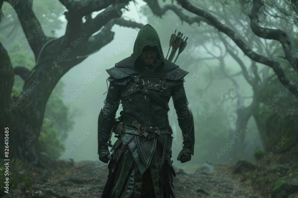 Hooded ranger with green leather armor and an arrow quiver on his ...