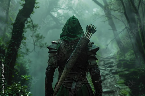 Hooded ranger with green leather armor and an arrow quiver on his shoulder in a misty forest, fantasy concept.