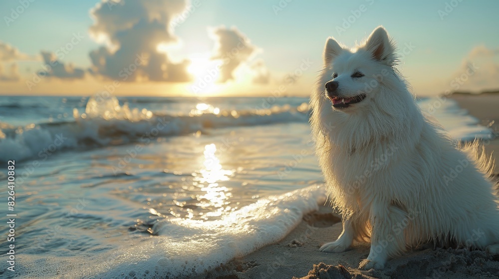 Serene sunset with fluffy white dog on beach Serene sunset with fluffy white dog on beach