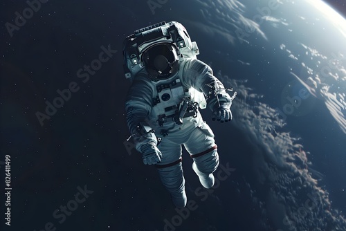 Intrepid Astronaut Floating in Serene Expanse of Space with Earth Looming Below © Ratchadaporn