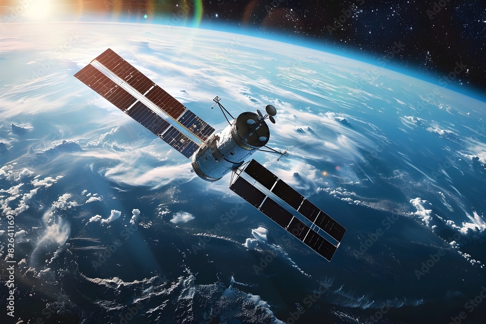 Sleek Satellite Orbiting the Earth in Unique Celestial Landscape Sleek Satellite Orbiting the Earth in Unique Celestial Landscape