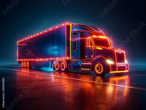 Glowing Semitruck Concept in Neon Lit Darkness Stylized Graphic of a Big Commercial Vehicle on the Road at Night