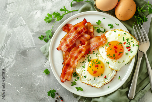 Fried chicken eggs and bacon beautifully presented. Perfect for promoting wholesome, healthy eating with essential vitamins and minerals. photo