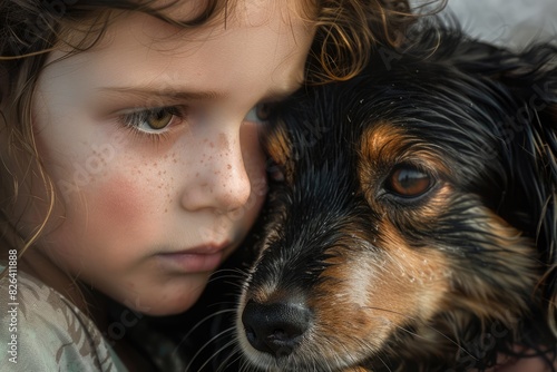 Child holding dog in backyard, Children’s Day, pet.