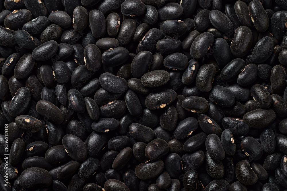 Closeup full frame background of raw black beans. A textured and nutritious organic ingredient for vegan and vegetarian cooking