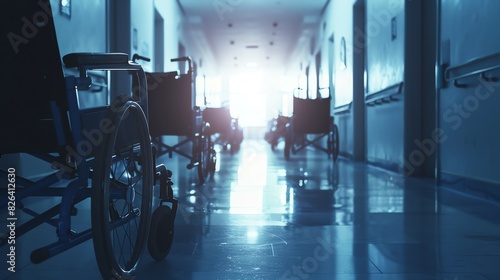 Hospital hallway with empty wheelchairs lined up close up, focus on, copy space with bright, sterile lighting Double exposure silhouette with a compassionate nurse © CHOI POO