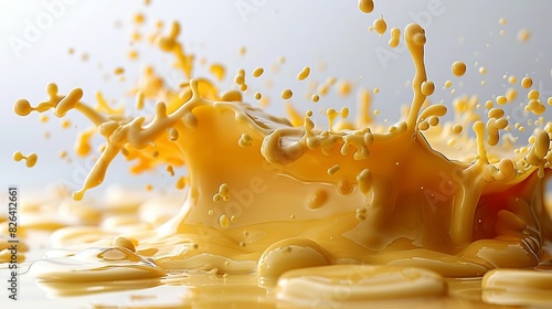 Yellow cheese splashed on a white background.