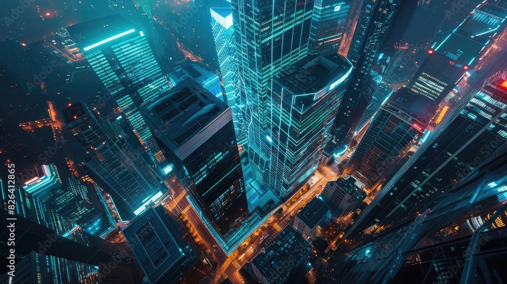 Aerial night view of modern skyscrapers in a busy city with glowing lights, showcasing urban architecture and technology. Aerial night view of modern skyscrapers in a busy city with glowing lights, showcasing urban architecture and technology.