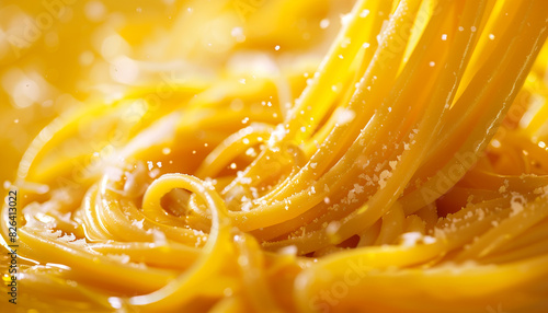 Close-up shot of golden linguine strands sprinkled with grated cheese, glistening in the light, capturing the essence of national linguine day festivities