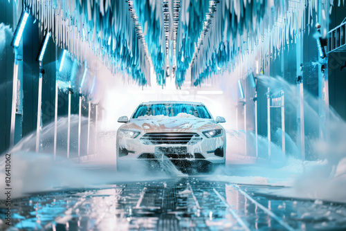 A car undergoing an automatic wash is seen with bright white soap bubbles covering it, illustrating a state-of-the-art cleaning service. The image is enhanced by AI generative. photo