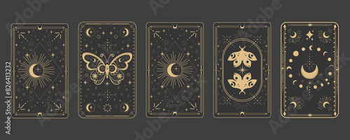 Tarot reverce border magic sacred cover card frame gold line border celelstial mystery esoteric decoration with moth stars and moon on dark background.