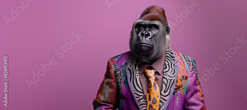 Creative Animal Concept: Majestic Gorilla Wearing Vibrant Patterned Suit Isolated on Pink Background - Ideal for Advertisement, Copy Space, Birthday Party Invitations, Event Promotions