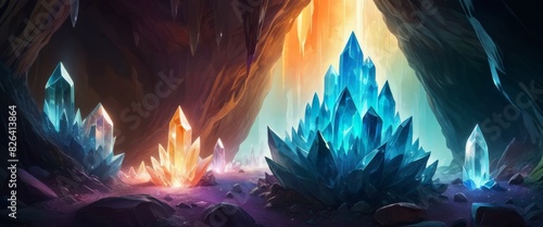 A fantasy crystal cave scene with large, colorful geodes glowing amidst rocky textures.