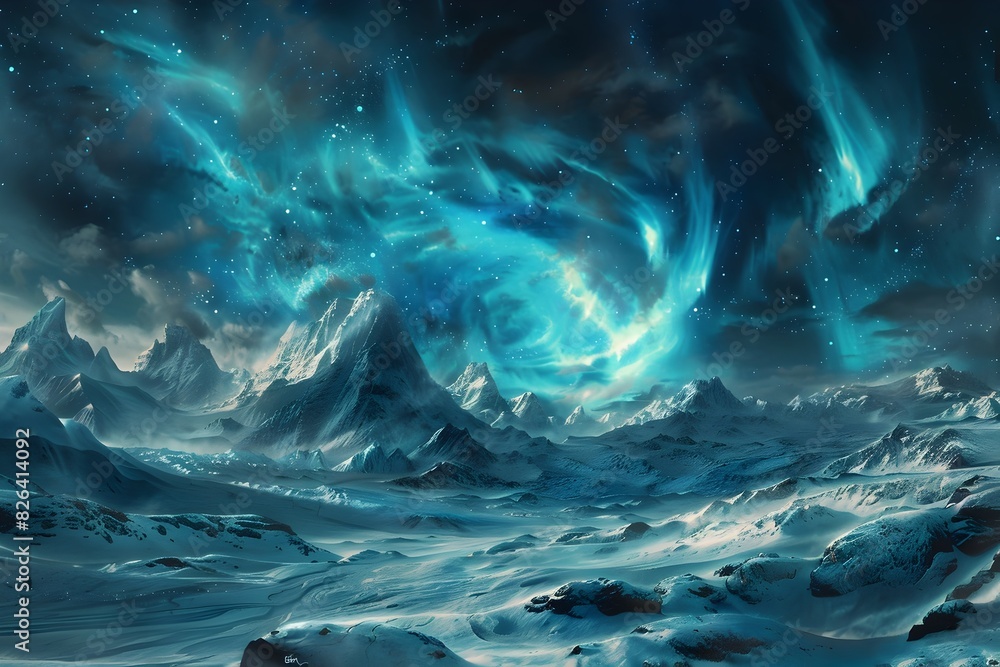 Mesmerizing Aurora Borealis Dancing Across Snowy Mountainous Landscape in Captivating Natural Display Mesmerizing Aurora Borealis Dancing Across Snowy Mountainous Landscape in Captivating Natural Display