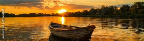 Sunset over a river with a small boat, golden light reflecting off the calm water, peaceful and picturesque, perfect for evening and nature projects, isolated background. © vlabcolor