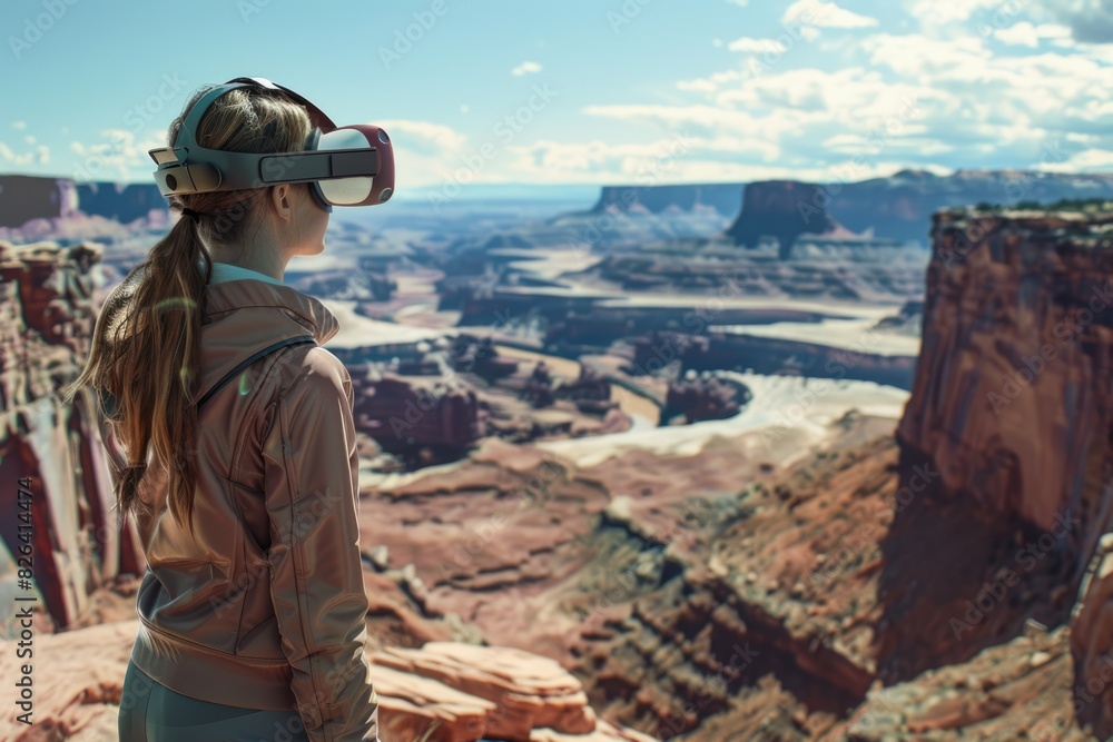 Person with virtual reality glasses on top of a canyon, canyons in the background, artificial intelligence concept, futuristic. Person with virtual reality glasses on top of a canyon, canyons in the background, artificial intelligence concept, futuristic.