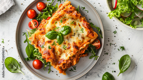 Plate of homemade lasagna with a side salad on a white background