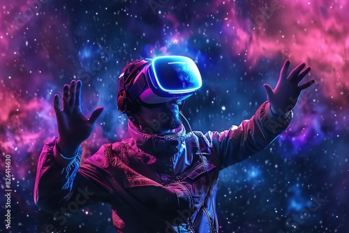 Person with virtual reality glasses floating in the vacuum of outer space, artificial intelligence concept, futuristic.