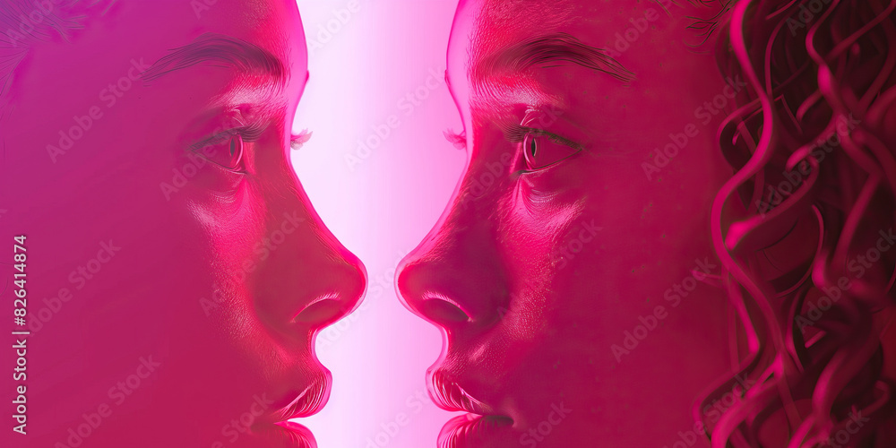 Empathy Pink. Two people thinking of each other reaching out face to face.