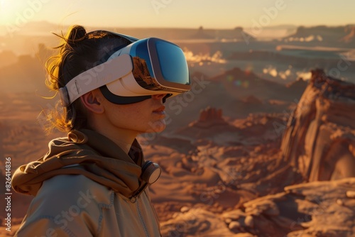 Person with virtual reality glasses on the surface of Mars  concept of artificial intelligence  science.