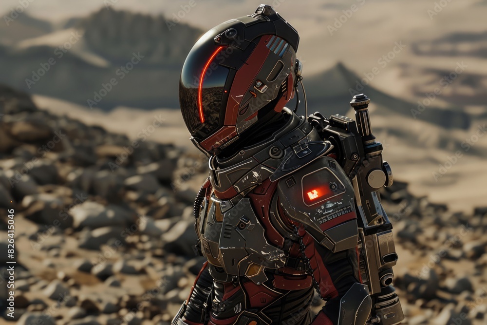 Futuristic soldier with red and black armor on rocky terrain, mountains in the background. Futuristic soldier with red and black armor on rocky terrain, mountains in the background.