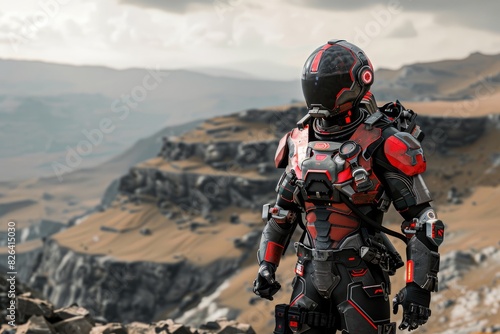 Futuristic soldier with red and black armor on rocky terrain, mountains in the background.