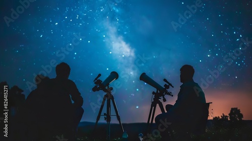a close-up image of friends sitting together with telescopes, their silhouettes framed by the Milky Way stretching across the night sky. The bokeh effect from the surrounding stars
