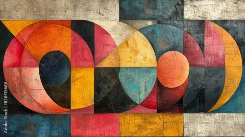 Abstract geometric mural on weathered wall