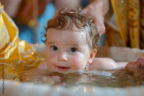 Cheerful baby with curly hair looking up while enjoying a splash in a shiny golden bath basin